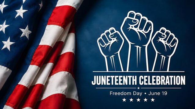 Juneteenth Freedom Day celebration with real raised hands, glowing heart palms, black smoky background, Pan African colors, unity, love and June 19 emancipation Holiday