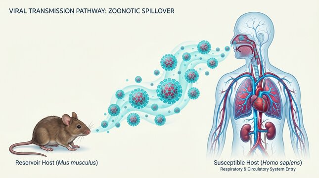 Viral transmission pathway zoonotic spillover from mouse reservoir to human.