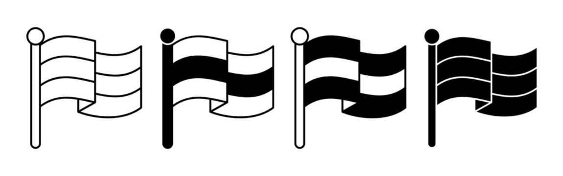 Four waving flags in a row showing different stripe patterns on flagpoles