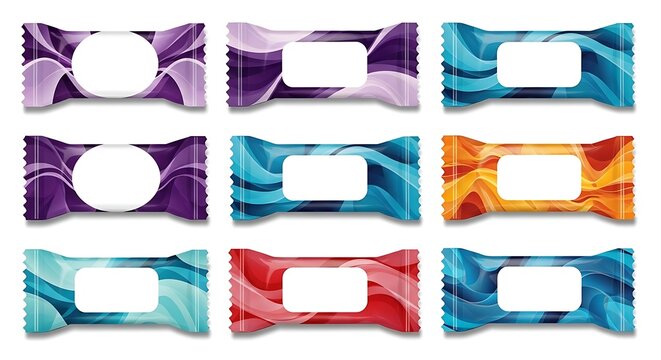 Collection of various candy wrapper packaging mockups with vibrant wave designs and blank labels