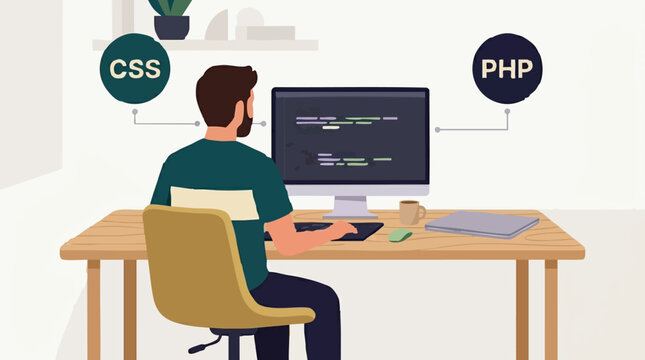 Web developer coding CSS and PHP on computer, programming and technology concept