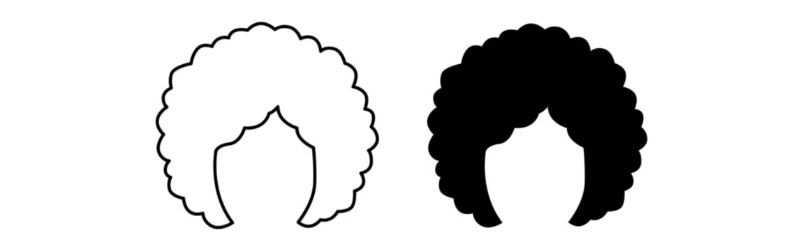 Two afro hairstyles, one outlined and one filled silhouette on white background