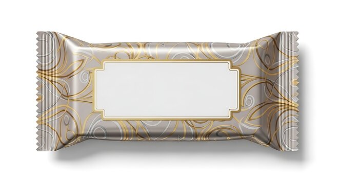 Sophisticated cookie wrapper design mockup with intricate gold swirls on silver background
