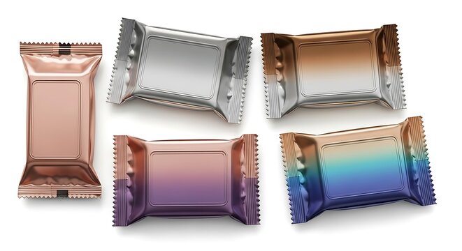 Collection of premium sweet snack wrappers with metallic gradient and foil textures for branding