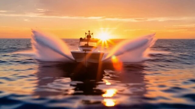 A speedboat cruising over the ocean during a golden summer 
