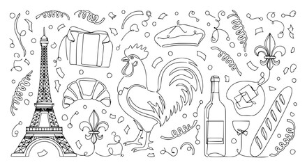 French Icons Line Art: Eiffel Tower, Rooster, Croissant, Wine, Baguette, Beret © Ceblok