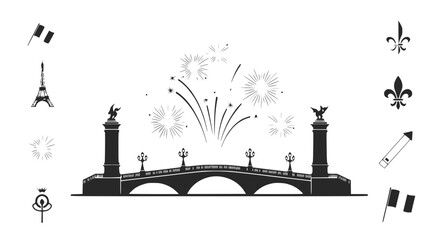 Parisian Celebration: Pont Alexandre III Bridge, Eiffel Tower, Fireworks, Fleur-de-lis Icons © Ceblok