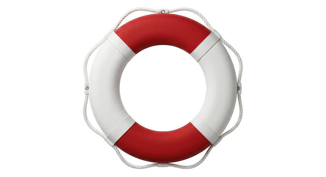 Red and white life preserver ring with rope detail on a clean white background