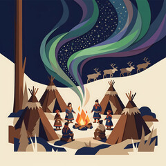 People sitting around campfire in teepees. © Didin
