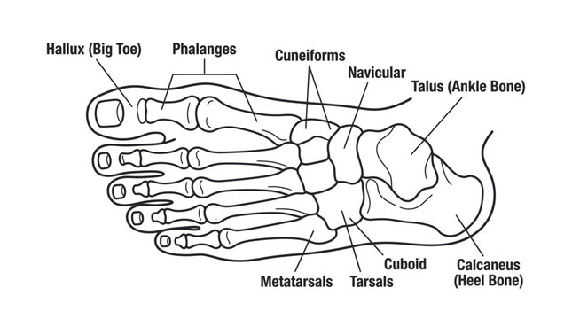 Human Foot Anatomy Diagram: Bones, Tarsals, Metatarsals, Phalanges, Hallux