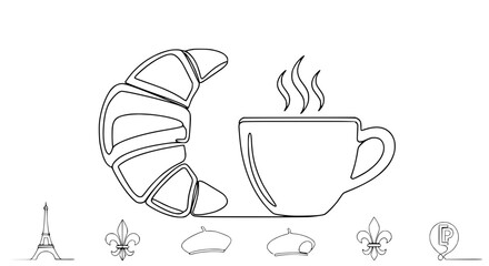 Parisian Breakfast: Croissant and Coffee Line Art with French Symbols © Ceblok