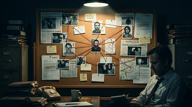 Detective working in a dark office in front of a crime investigation board with photos and red string Detective Mystery Document, Dark Cinematic