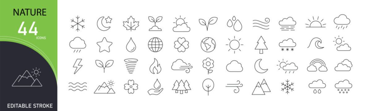 Nature icons set representing trees, leaves, forests, landscapes, ecology, wildlife and environmental beauty in clean outline style. Editable Stroke.