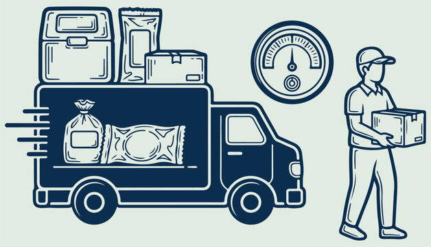 Food delivery truck driver and temperature gauge cold chain logistics sketch vector illustration art
