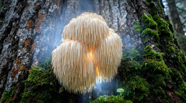 Dramatic Lion's Mane Fungus Documentation on Ancient Tree Trunk in Enchanted Forest
