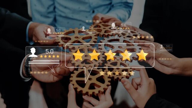 Hands holding wooden gears represent teamwork and collaboration in a business setting, emphasizing success, feedback, and effective communication among professionals. Raster