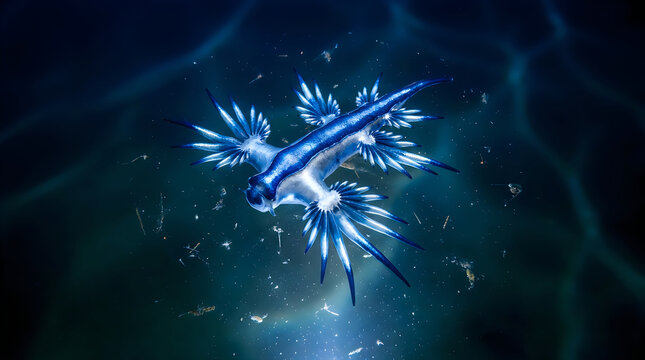 Rare Blue Glaucus Atlanticus Sea Slug Swimming in Deep Blue Ocean with Glowing Light
