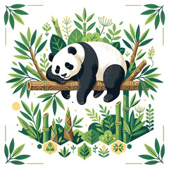 Sleeping panda on bamboo branch surrounded. © Moran