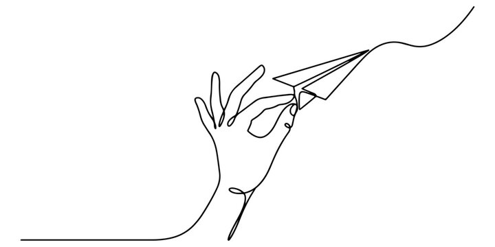 The hand launching a paper airplane upward symbolizing startup vision, innovation, and business momentum, line art style vector illustration.