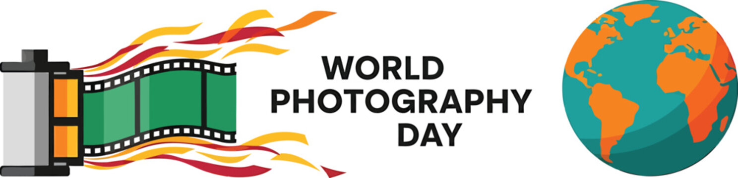 World Photography Day banner with film roll strip and globe illustration for creative media celebration event vector graphic design