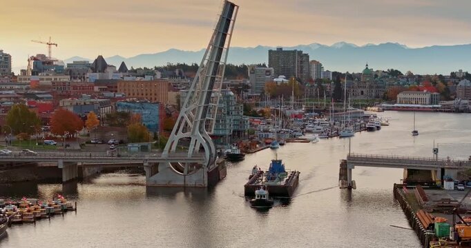 Aerial view of the waterfront and cityscape of Victoria with Johnson Bridge in British Columbia, Canada