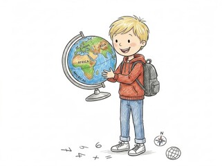 Fototapeta premium A curious and happy schoolchild with a shoulder bag holding a large desk globe, excitedly looking at continents during a geography lesson.