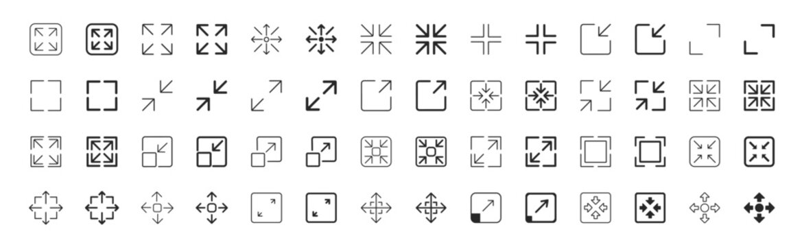 Maximize and minimize arrow line icon set with fullscreen resize and screen controls
