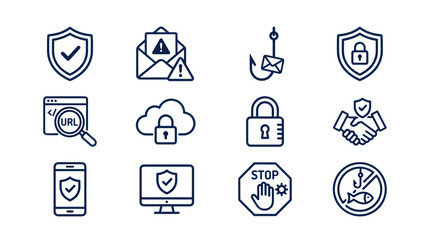 Fototapeta premium Cybersecurity Icons: Protection, Phishing, Data Security, and Network Safety