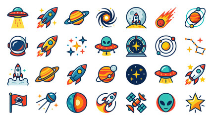 Space Icons: Rockets, Planets, UFOs, Astronauts, Stars, Aliens, Comets © rahma