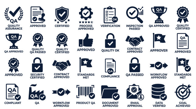 Quality Assurance Icons: Approved, Certified, Verified, Compliance, Workflow, Product QA