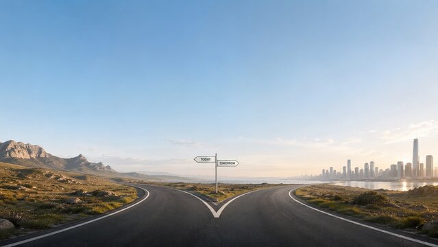 Split Road With Today and Tomorrow Direction Signs Toward City and Mountain Future