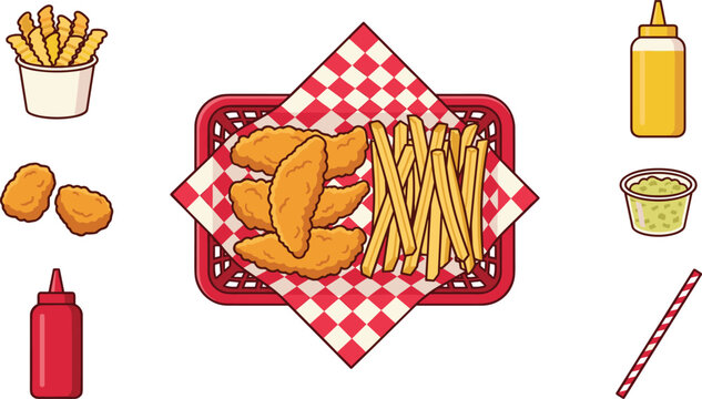 Crispy Fried Chicken Basket Meal Illustration Featuring French Fries, Dipping Sauces, Condiment Bottles, and Classic Fast Food Serving Elements