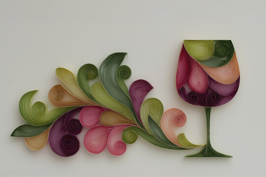Decorative paper quiling art depicting floral ornament and wine glass, with layered curled petals in green, pink and purple tones on a soft neutral background in soft studio lighting