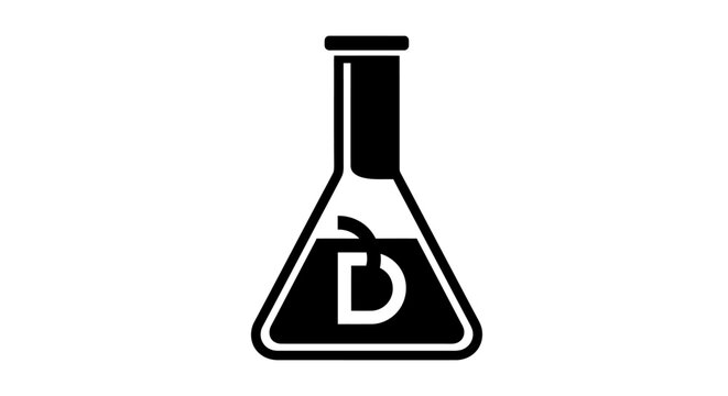 Black erlenmeyer flask icon with letter D science symbol.