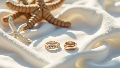 Naklejka premium engagement and wedding rings displayed elegantly on soft fabric alongside a starfish, perfect for celebrations and romance themes