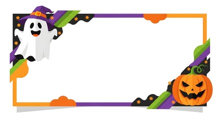 Fototapeta premium Halloween border frame with cute ghost and carved pumpkin, spooky holiday background with copy space, festive orange and purple invitation template