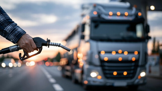 Fuel nozzle inserted into large cargo truck tank at highway gas station, sunset background, energy cost concept no logos, no text, no brand names