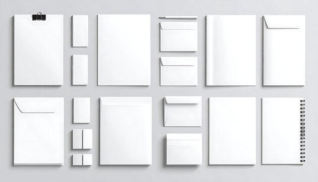 Set of blank white stationery items arranged on a plain surface, ideal for branding and corporate identity mockups, clean and modern presentation