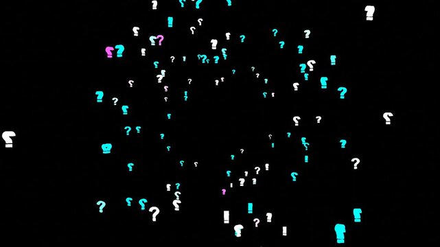 10 seconds seamless looping space flypast of multicolor question marks on black background animation screensaver hd-video