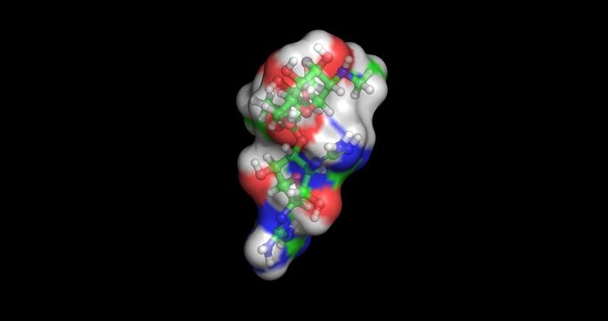Streptomycin, aminoglycoside antibiotic drug molecule for tuberculosis and plague treatment, 3D molecule spinning, 4K