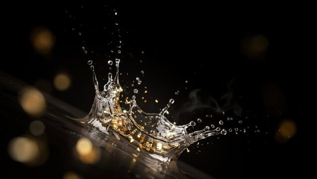 Water splash with golden brown acorn and green leaves in dark space