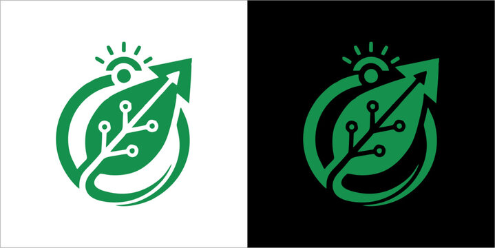 A green circuit logo with arrows and sunburst on white and black backgrounds