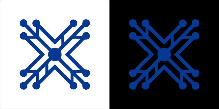 A graphic illustration of symmetrical blue shapes on white and black backgrounds