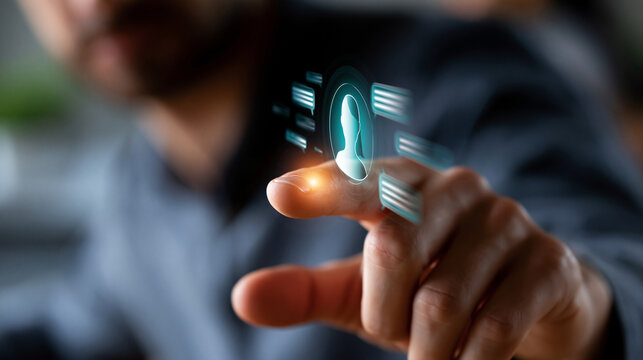 A close-up of a European hand taps softly a glowing virtual customer service AI avatar with floating chat bubble icons in a moody dark office, digital customer support concept, fac