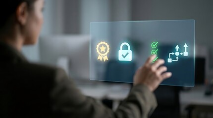 Obraz premium Digital Quality Assurance: A businessperson's hand interacts with a futuristic digital interface displaying icons for quality assurance, security, and process flow.