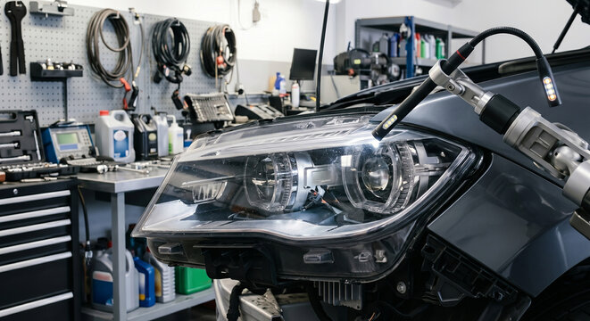 Car front with headlight in a repair workshop as car front detail for auto service inspection and vehicle maintenance inside the garage