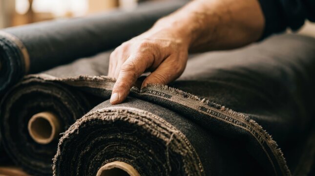A client dragging a finger along a dark fabric bolt selvedge in a professional textile studio, highlighting the high quality texture and craftsmanship of the woven material in wide cinematic view.