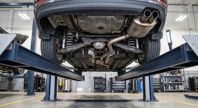 Car undercarriage between lift arms with exhaust system as car undercarriage detail for inspection and auto repair service