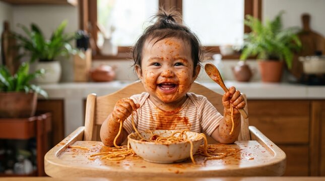 Happy baby covered in spaghetti eating spaghetti with spoon at high chair