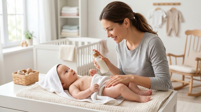 Loving mom gently applies body lotion to her infant after bath time, ensuring soft skin